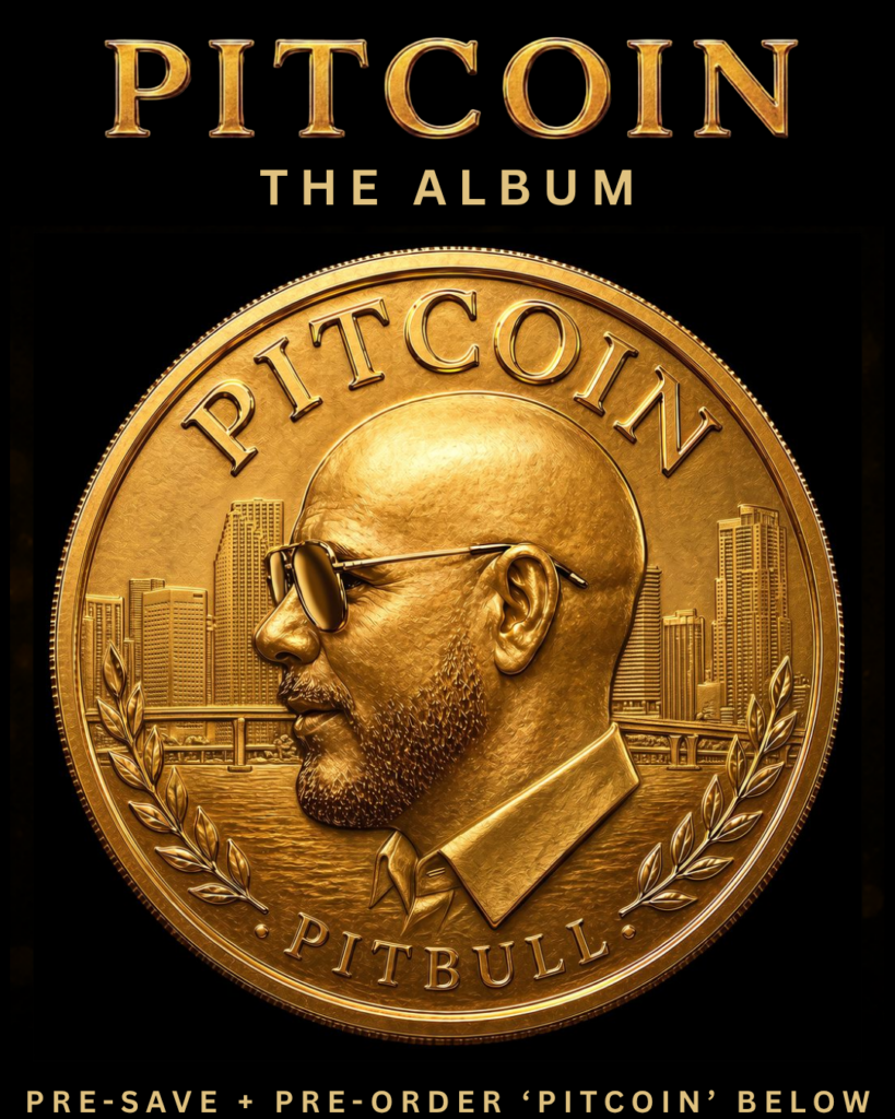 Pitcoin the Album with an AI-generated embossed coin of Pitbull. The text below reads "Pre-save + Pre-order 'Pitcoin' below"